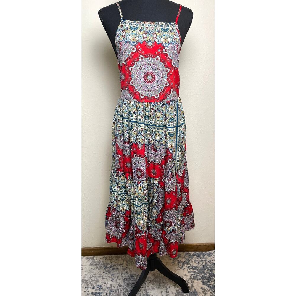 BOG Women's Tiered Corset Tie Midi Red Dress M Cottage Forest Fairy Whimsical